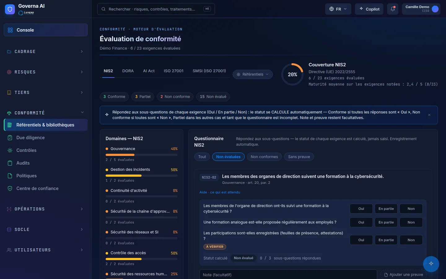 NIS2 compliance assessment screen: coverage, domains and guided questionnaire