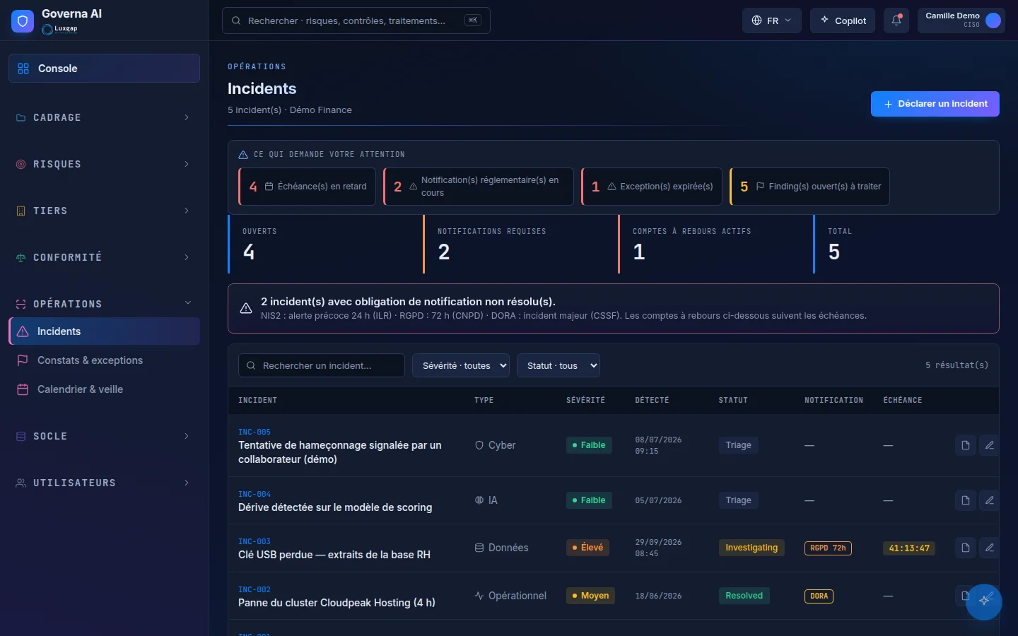 Incidents screen: required notifications, countdowns and incident list