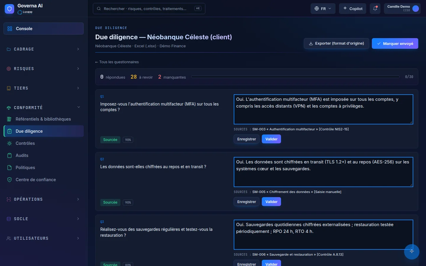 Due diligence screen: a client’s questions and suggested answers with their source