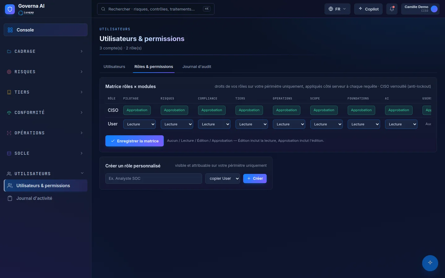 Users and permissions screen: role matrix per module